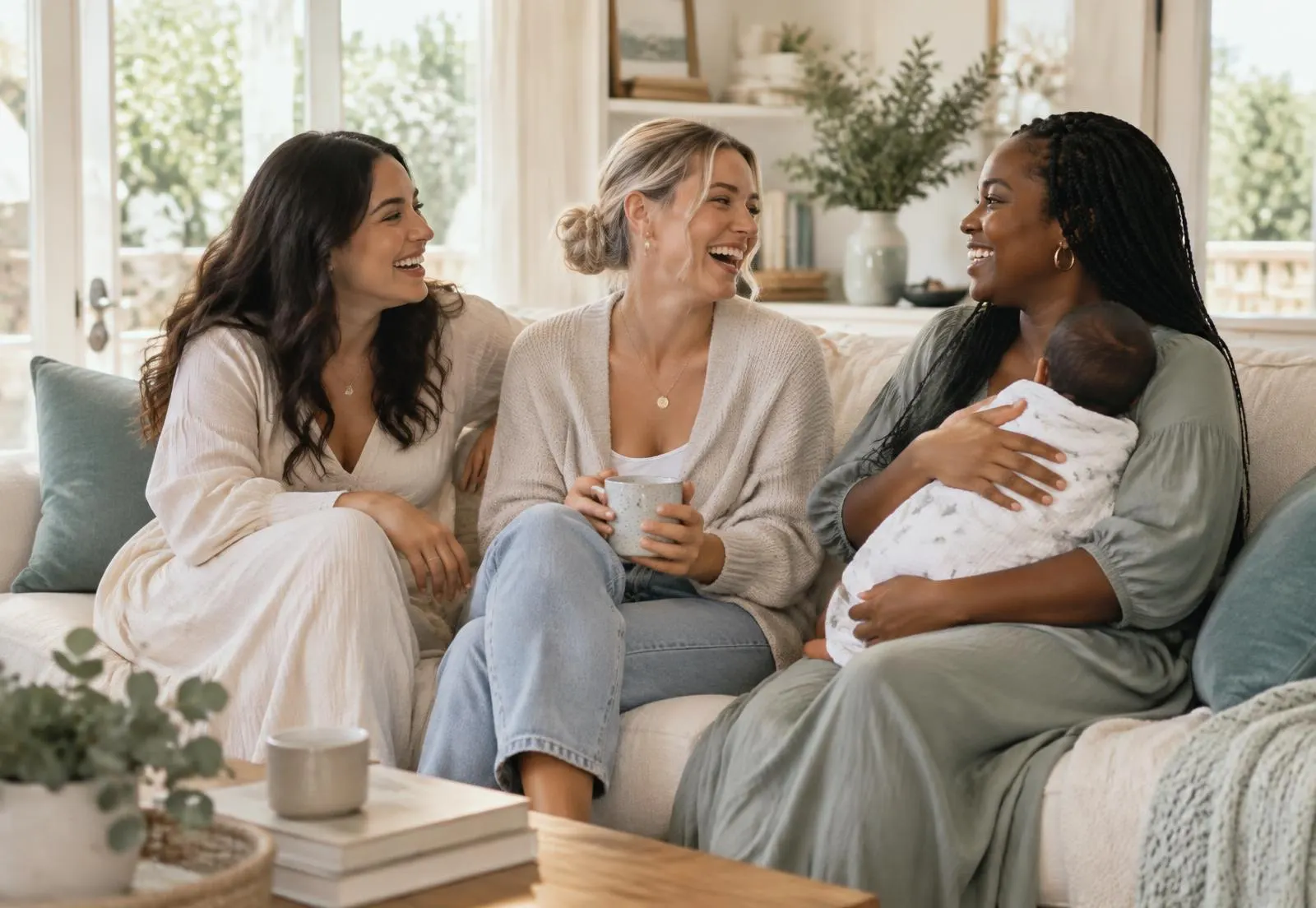 Three mothers laughing together on a sofa, one holding her swaddled newborn